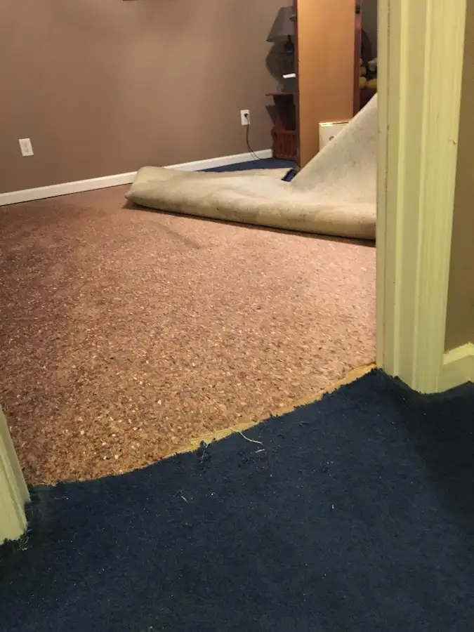 Carpet pad removal revealing water damage during Drying & Dehumidification in Howard